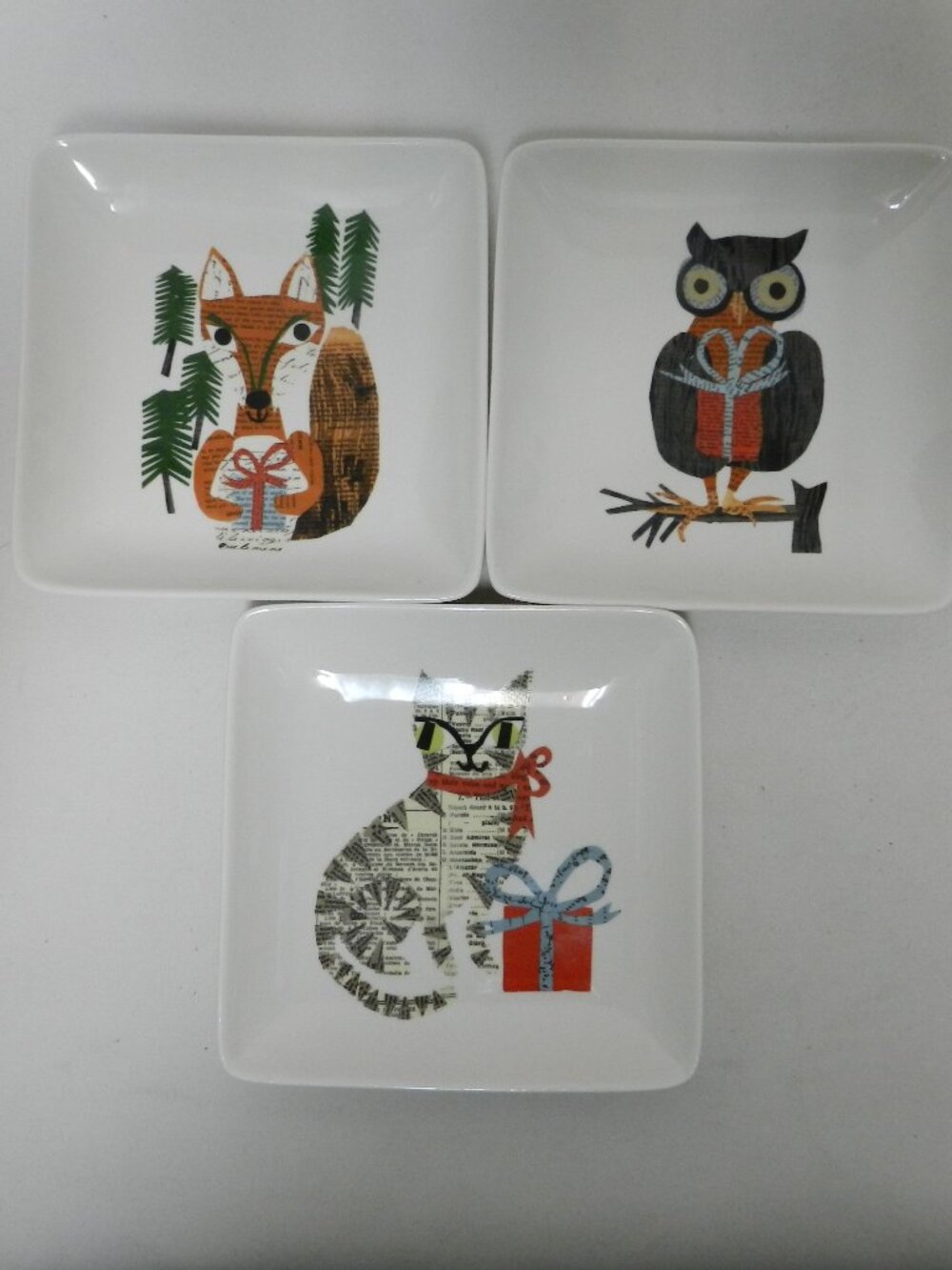 Pottery Barn Denise Fiedler Christmas plate set 3 Owl Fox Cat Comfort Creatures